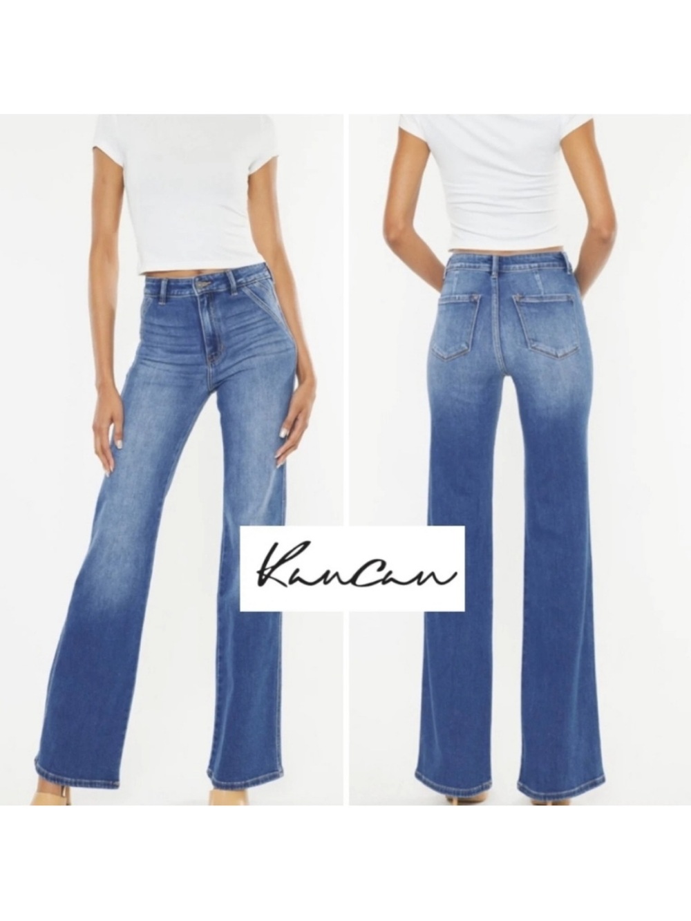 NWT KanCan Holly Flare Jeans High Rise “All The Good Vibes” Distressed Hem Denim